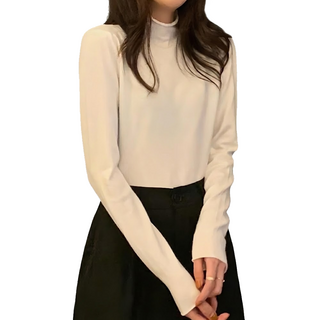 Chic 韓版 女款 微卷邊小高領親膚打底衫 棉20%+聚酯纖維80%, 肩寬34cm + 胸寬42cm + 袖長50cm + 袖寬9cm + 下擺寬43cm + 全長58cm, 白