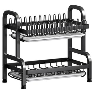碗碟架 附水杯架 加厚碳鋼材質 42x23.5x42cm, 黑色, 1個, 2層