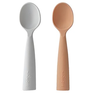 miniware 矽膠兒童湯匙組, 圓滾滾握把好抓握, 食品級矽膠, 耐熱可微波, 美國Amazon熱賣, 芝麻+太妃糖, 1組