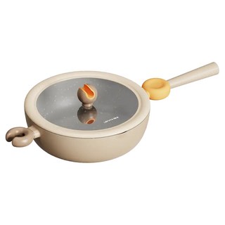 Lanmi 懶米 鈴鐺系列 麥飯石炒鍋加玻璃蓋 太妃糖, 1個, 28cm
