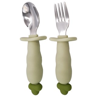 PiYOPiYO黃色小鴨鉑金矽膠316不鏽鋼學習蘿蔔湯叉 防護檔片矽膠握柄, 1組, 綠色