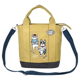 kUSUgURU JAPAN 日本眼鏡貓 手提2用 橢圓寬底單肩包 背帶可拆 ANIMAL MODE款, 黃色