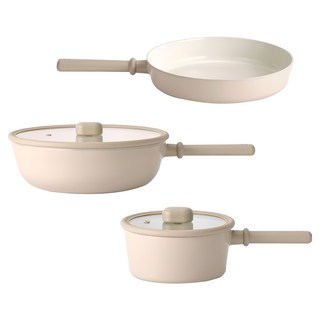 NEOFLAM 台灣公司貨 經典Chouchou系列 電磁爐適用陶瓷塗層鑄造鍋3件組, 奶茶色, 炒鍋 + 平底鍋 + 單柄湯鍋, 1組