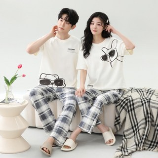 세컨핑크 커플용 선글라스 체크 반팔 긴바지 잠옷 상하 세트