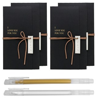 리드홈 블랙에디션 예쁜 가죽끈 메세지카드 편지지 4종 + 젤펜 2p 세트, 블랙(편지지), 화이트 + 골드(젤펜), 1세트