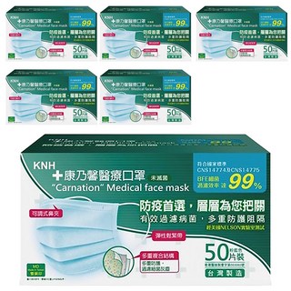 康乃馨 成人平面醫療口罩, 粉藍色, 50片, 6盒