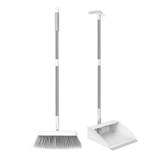 JOEKI 站立式掃把畚箕組, 不鏽鋼桿, 180°旋轉刷頭, 白色, 1組