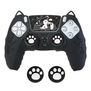 PS5手柄貓咪矽膠套 3合一 防滑設計, 黑色, 1組