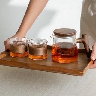 오후반차 호두나무 티포트 세트, 1세트, 다관 + 거름망 + 뚜껑 + 찻잔 2p, 투명