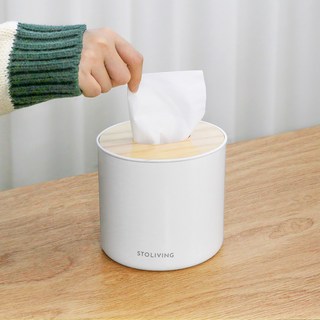 스토리빙 원목 휴지케이스 원형, 화이트 + 우드, 1개