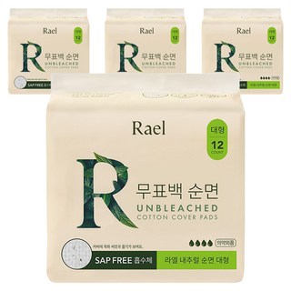 라엘 무표백 순면 생리대 날개형, 대형, 12개입, 4개
