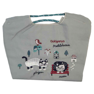 kUSUgURU JAPAN 日本眼鏡貓 手提包 環保袋日本刺繡尼龍購物袋 Matilda san款, 灰色