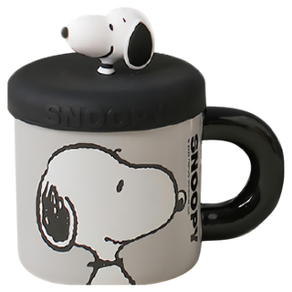 PEANUTS 史努比 陶瓷馬克杯 含公仔杯蓋, 黑色, 1個
