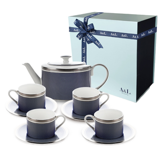 A&L 骨瓷杯壺禮盒組 40%骨粉 德國原裝進口賀利氏浮雕金, 壺 + 杯碟4個, 王者寶藍, 1盒