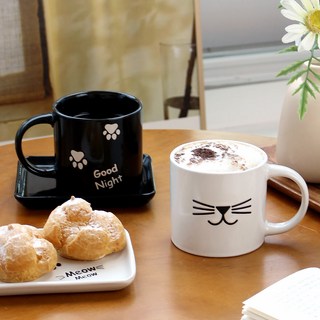 로얄보덴 냐옹이 머그컵 295ml 2종 + 미니 플레이트 2종 세트, 블랙, 화이트, 1세트