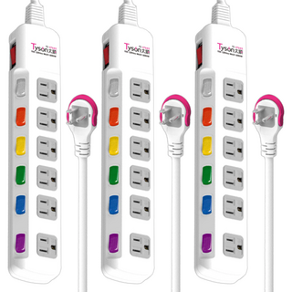 Tyson 太順電業 3孔7開6插 防雷擊延長線插座 高耐熱防火機身 一體成型電路設計 4N級高純度無氧銅導體 VCTF雙絕緣線材, 1.8m, 白色, 3條