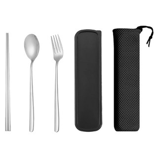 歐風便攜餐具 筷叉勺三件組 304不鏽鋼材質, 筷子 + 餐叉 + 湯匙 + 收納袋 + 收納盒, 銀色, 1組