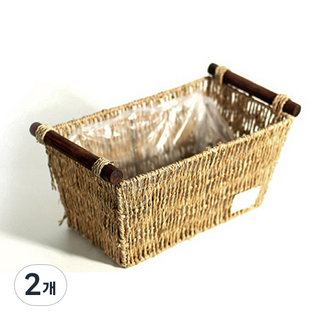 도시정원 라탄 왕골 직사각 원목 손잡이 바구니 대, 2개