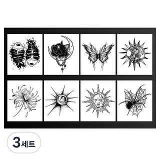 gelluna 半永久 蝴蝶 愛心 骷髏 花朵 黑色 萬聖節 插畫 漢娜 紋身貼紙 8件組, 3套, T-301