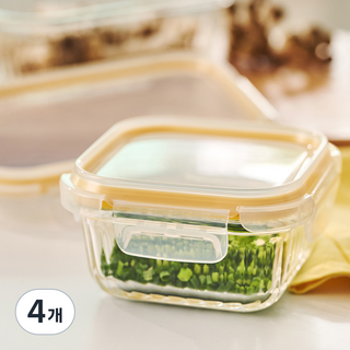Steelworks 透明玻璃正方形密封容器 陽光黃, 520ml, 4個