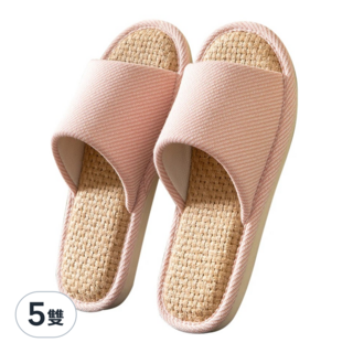 日式居家粗亞麻透氣防滑男女士室內拖鞋, 粉色, 5雙