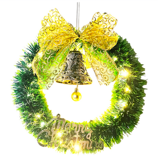 摩達客 金蔥彎絲聖誕花圈 + 20燈LED暖白光燈串, 森林雙綠漸層系, 1個