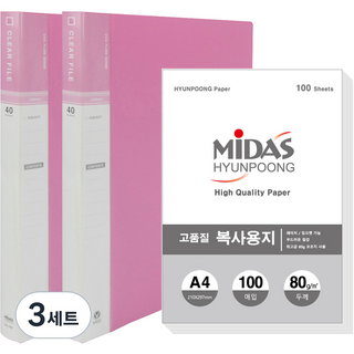 Hyeonpung 40頁 VIVO 索引透明文件夾 A4 2p + 影印紙 100p 套組, 3套, 粉紅色