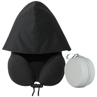 飛機枕/連帽頸枕/脖子枕頭/護頸枕/旅行頸枕 戴帽款 + 收納盒, 黑色