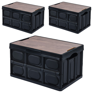 手提露營摺疊箱 木蓋折疊箱 55L, 黑色, 3個