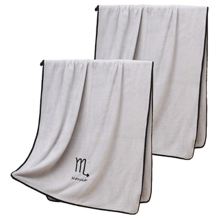 QIDINA 奇蒂可 珊瑚絨蓬鬆星座親膚超吸水浴巾 J 款式隨機, 淡雅淺灰, 2個