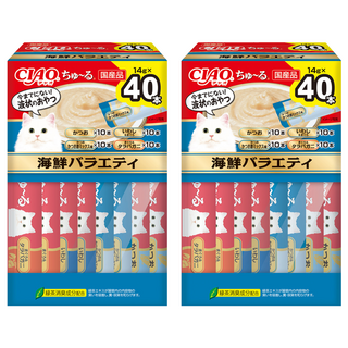 INABA CIAO 啾嚕 肉泥, 2袋, 鰹魚 + 鰹魚鰹魚綜合 + 沙丁魚&鮪魚 +帝王蟹, 560g