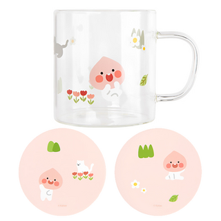 KAKAO FRIENDS Apeach印花玻璃馬克杯+杯墊 2入, 1套