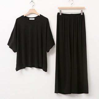 TEETAK 女款大尺碼日常素色開叉短袖T恤+鬆緊寬褲套裝 TTCC40