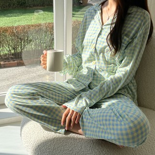 女性長袖清新格紋睡衣上下裝套組