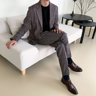 Tudiosion 男士格紋半合身西裝套裝