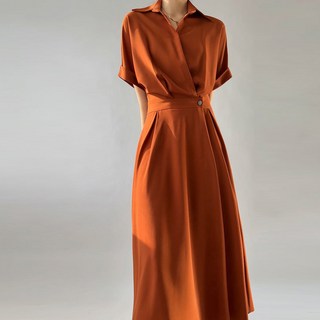 Elso 女款法式襯衫裹身長版連身裙, 橘色