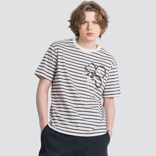 커스텀어스 남성용 핸드 플라워 트리밍 라운드 스트라이프 반팔 티셔츠 CXS25MKRT426