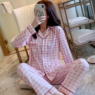 PINKZONE 女款 Nyxie 長袖格紋睡衣上下套裝