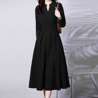 Chichills Morin 百褶A字中長洋裝 12032, 黑色