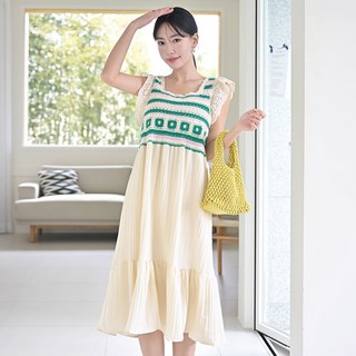 HERRINGBONE apparel 針織荷葉邊無袖長版海灘連身裙 大尺碼 HH156, 象牙白