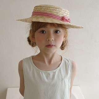 chenny bongbong 女童野餐格紋草編平頂帽