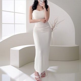 GLAM DIVV Dubarin 細肩帶抓皺長版連身裙 AC0167, 象牙白