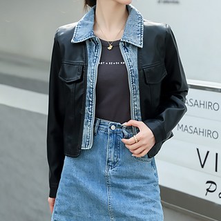 peilit 女款翻領重點皮革夾克