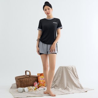 Elso 女款大尺碼罩衫海灘短袖T恤 + 短褲防磨衣套裝, 黑色