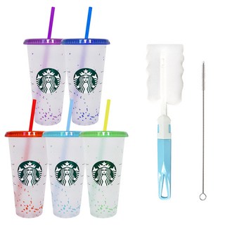 STARBUCKS 星巴克 夏日繽紛變色可重複使用冷飲杯5件組 + 清潔刷組, 混合(冷飲杯), 隨機出貨(清潔刷), 710ml, 1套