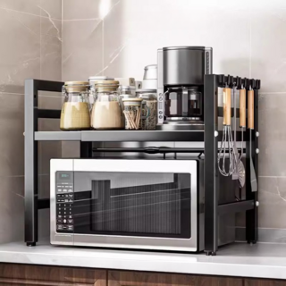 오브민 길이조절 높이조절 전자레인지 선반 + 후크 6p 세트, 블랙, 1단