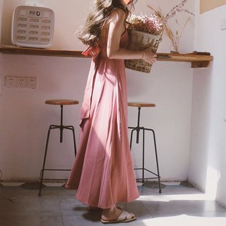 MotherBoutti 令人心動 美背蝴蝶結 露背無袖長版連身裙, 粉紅色