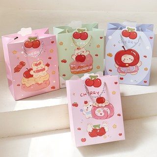 Lead home 櫻桃派對 生日禮物 回禮 透明窗紙質購物袋 4件組, 混合顏色, 1套