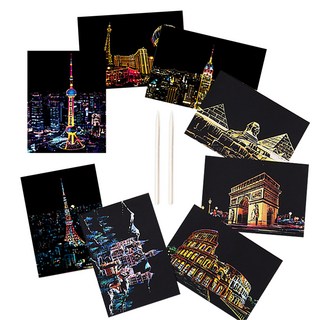 romozu 夜景刮畫明信片卡 DIY套組, 1組, 現代城市夜景 古建築