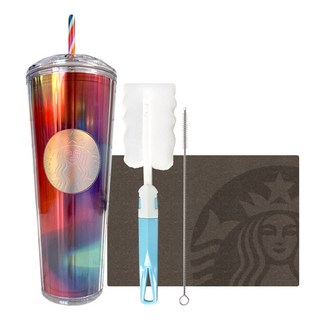 STARBUCKS 星巴克 幻彩圓頂蓋冷飲杯 + 清潔刷禮物組, 彩虹(冷飲杯), 隨機出貨(清潔刷), 710ml